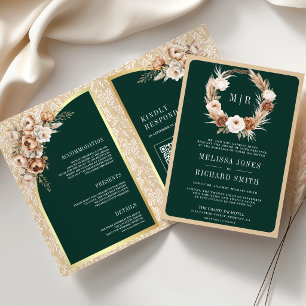 Invitación Boda Floral Terroso Esmeralda Verde Beige Pampas