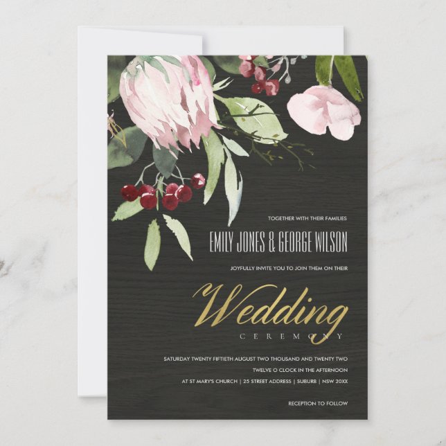 Invitación Boda floral Timber Rubor Pink Burgundy Protea (Anverso)