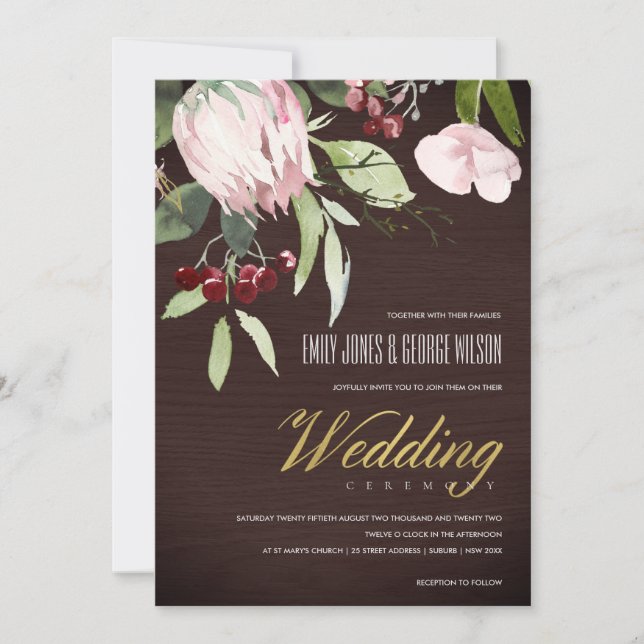 Invitación Boda floral Timber Rubor Pink Burgundy Protea (Anverso)