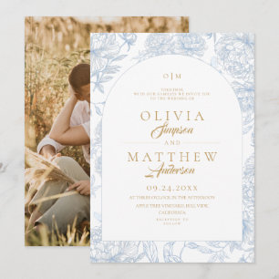 Invitación Boda floral Toile francés azul 