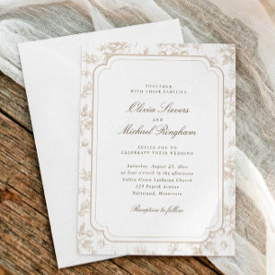 Invitación Boda Floral Toile Francés Beige Antiguo