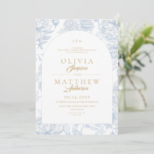 Invitación Boda Floral Toile Francés Polvo Azul 