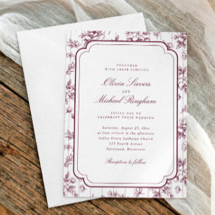 Invitación Boda Floral Toile Vintage Rojo Vino Francés