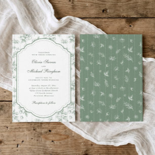 Invitación Boda Floral Toile Vintage Verde Salvia Francés