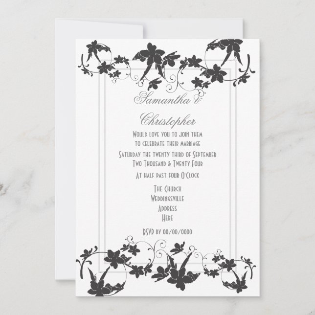 Invitación Boda floral tradicional en blanco y negro (Anverso)