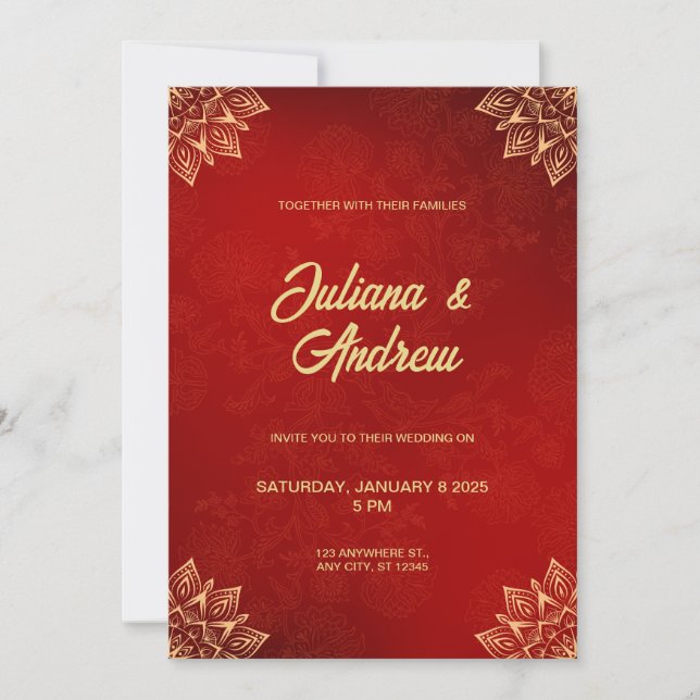 Invitación Boda floral tradicional Gold y Red Classic (Anverso)