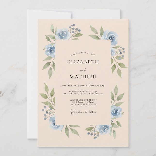 Invitación Boda Floral Tranquila Azul Polvoriento (Anverso)