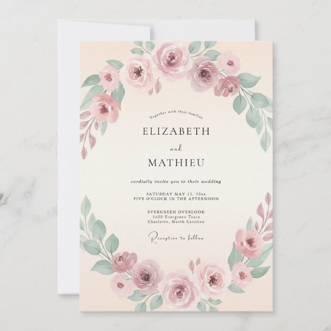 Invitación Boda floral tranquila rosa rubor (Anverso)