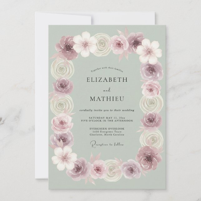 Invitación Boda Floral Tranquila Verde Salvia (Anverso)