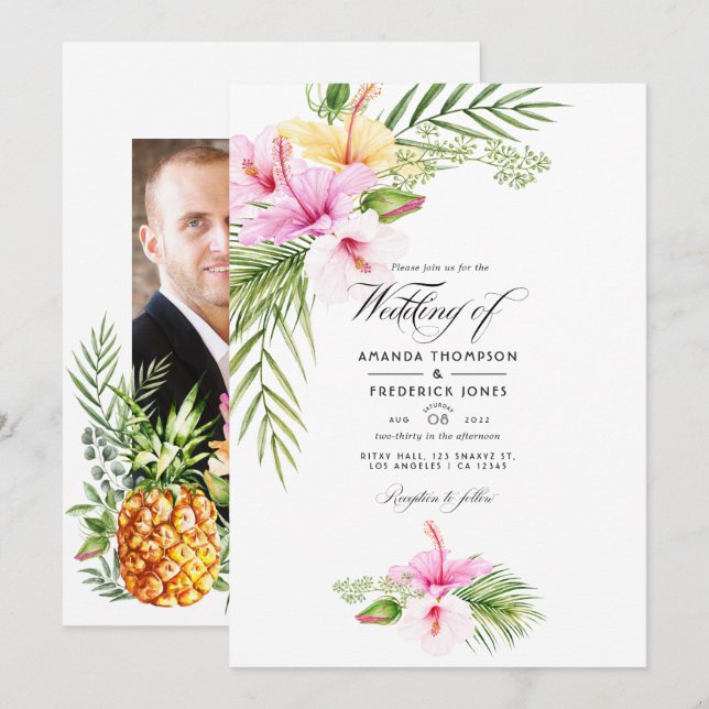 Invitación Boda Floral Tropical Aloha Foto (Anverso / Reverso)