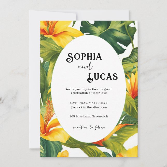 Invitación Boda floral tropical amarillo (Anverso)