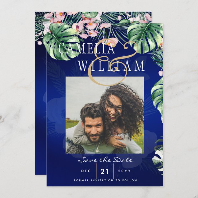 Invitación Boda floral tropical azul verde rosa de LeahG (Anverso / Reverso)
