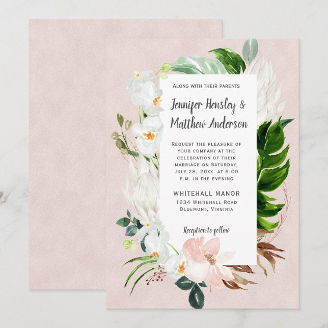 Invitación Boda floral tropical blanco y Rubor (Anverso / Reverso)