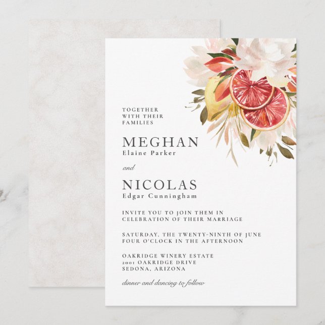 Invitación Boda floral tropical brillante de Citrus Boho (Anverso / Reverso)