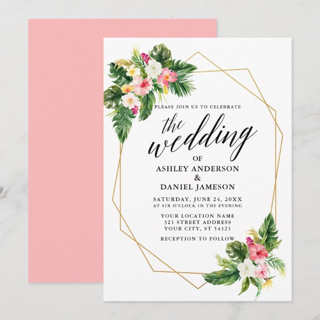 Invitación Boda floral tropical caligrafía marco dorado (Anverso / Reverso)