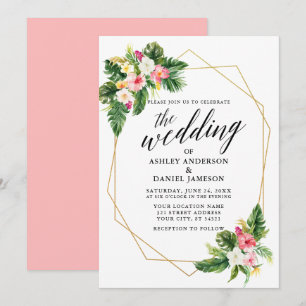 Invitación Boda floral tropical caligrafía marco dorado