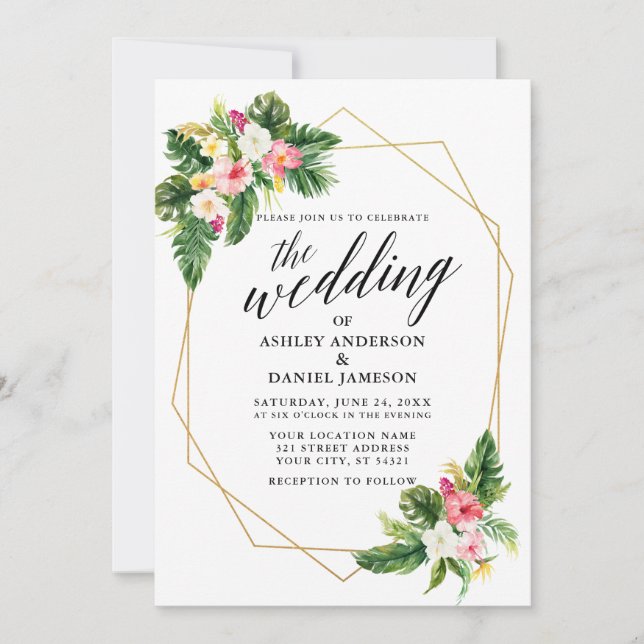Invitación Boda floral tropical caligrafía marco geográfico d (Anverso)