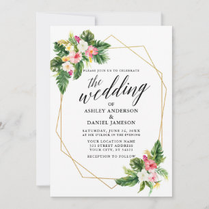 Invitación Boda floral tropical caligrafía marco geográfico d