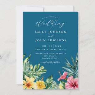Invitación Boda Floral Tropical Código QR Azul Oceánico