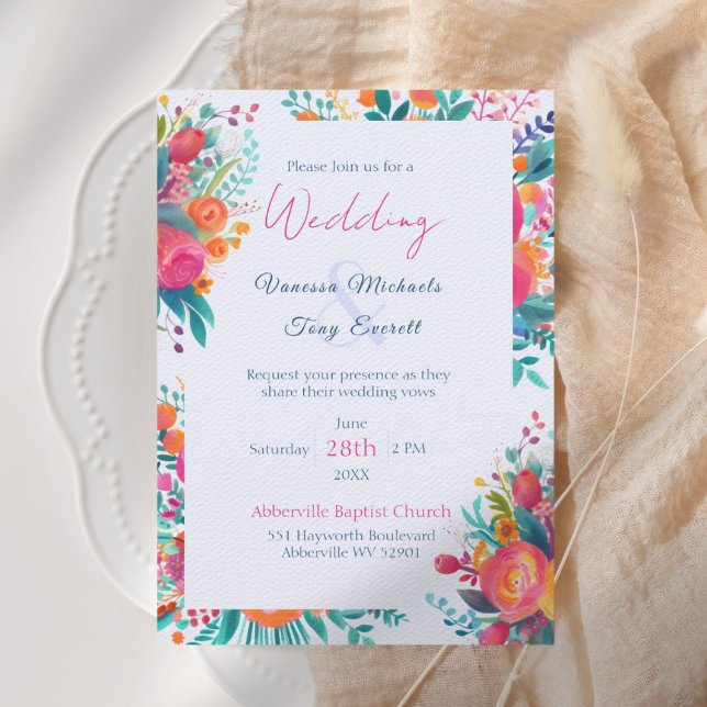 Invitación Boda floral tropical de acuarela rosa y naranja (Pink Orange and Teal Watercolor Floral Wedding Invitation)