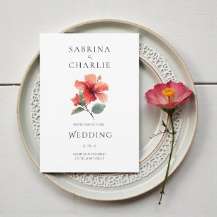 Invitación Boda floral tropical de hibisco rojo coral