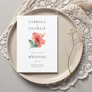 Invitación Boda floral tropical de hibisco rojo coral