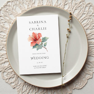 Invitación Boda floral tropical de Hibisco Rojo Coral