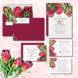 Invitación Boda floral tropical de Protea Rey rosa de Borgoña