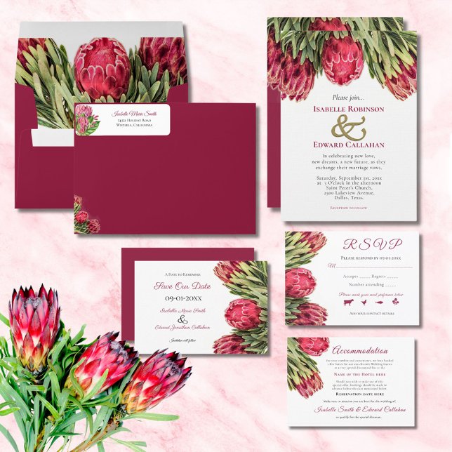 Invitación Boda floral tropical de Protea Rey rosa de Borgoña (Subido por el creador)