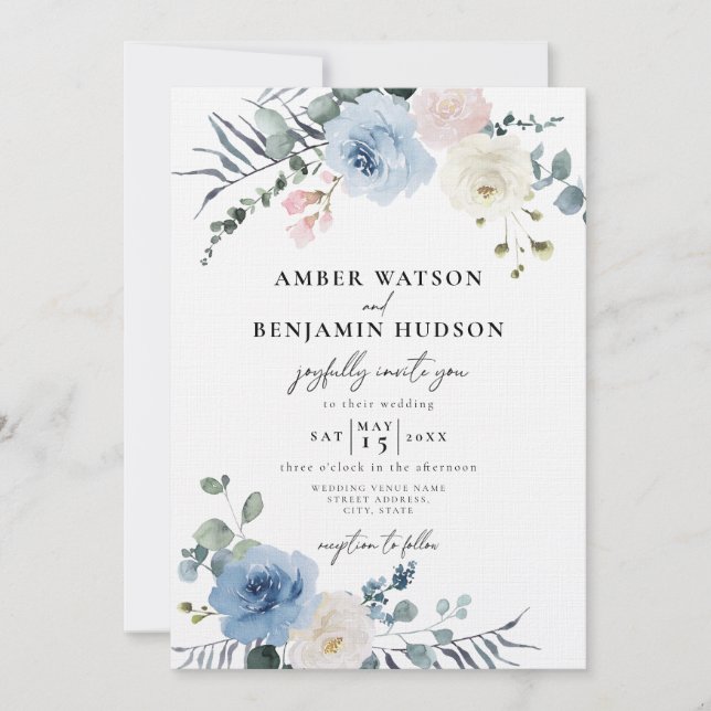 Invitación Boda floral tropical de Rubor Light Blue Beach (Anverso)