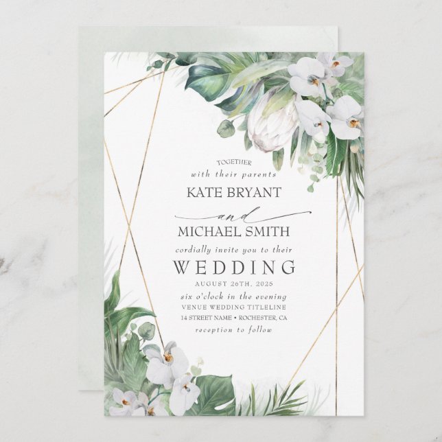 Invitación Boda Floral Tropical de White King Protea Orchids (Anverso / Reverso)