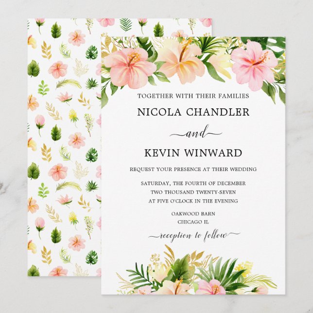 Invitación Boda Floral Tropical Elegante (Anverso / Reverso)