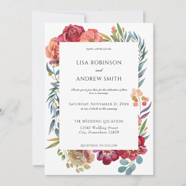 Invitación Boda floral tropical geométrico de Borgoña - Blanc (Anverso)