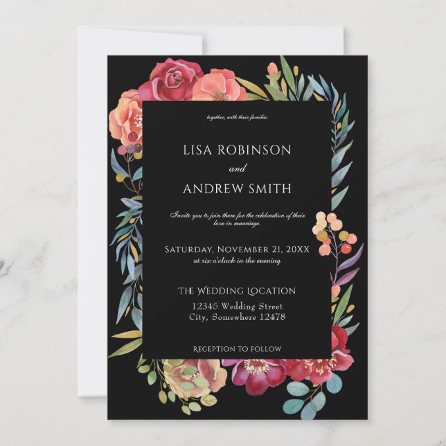 Invitación Boda floral tropical geométrico de Borgoña - negro (Anverso)
