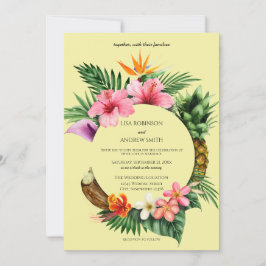 Invitación Boda floral tropical hawaiano circular - amarillo