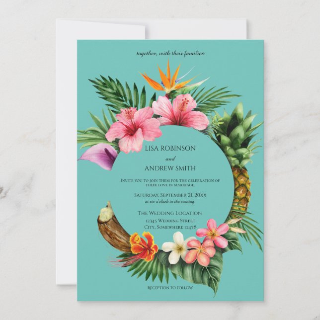 Invitación Boda floral tropical hawaiano circular - Azul (Anverso)