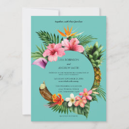 Invitación Boda floral tropical hawaiano circular - Azul