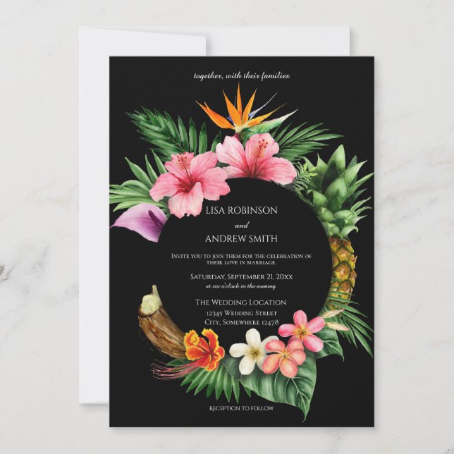 Invitación Boda floral tropical hawaiano circular - negro (Anverso)