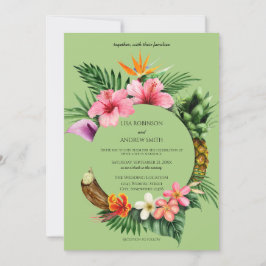 Invitación Boda floral tropical hawaiano circular - Verde