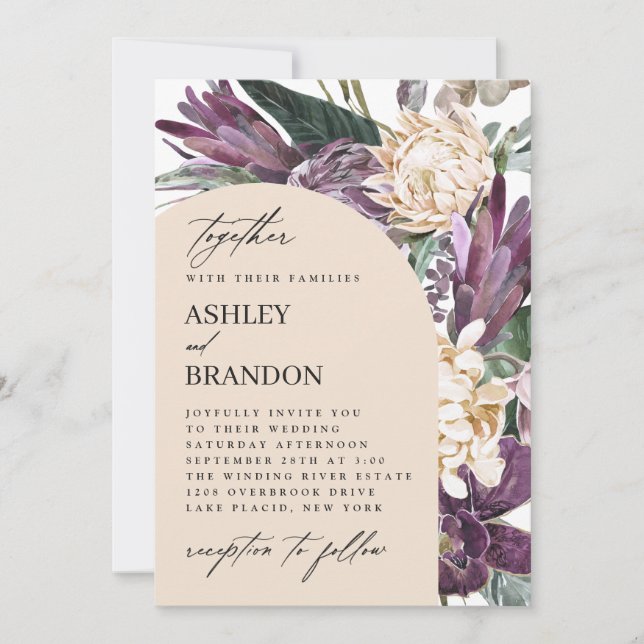 Invitación Boda Floral Tropical Purple Plum Boho (Anverso)