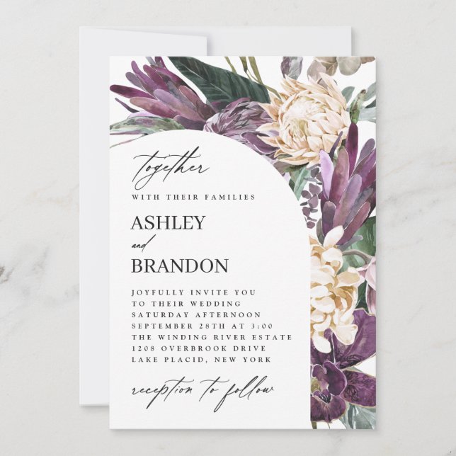 Invitación Boda Floral Tropical Purple Plum Boho (Anverso)
