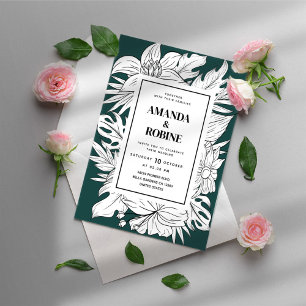 Invitación Boda floral tropical verde y blanco moderno