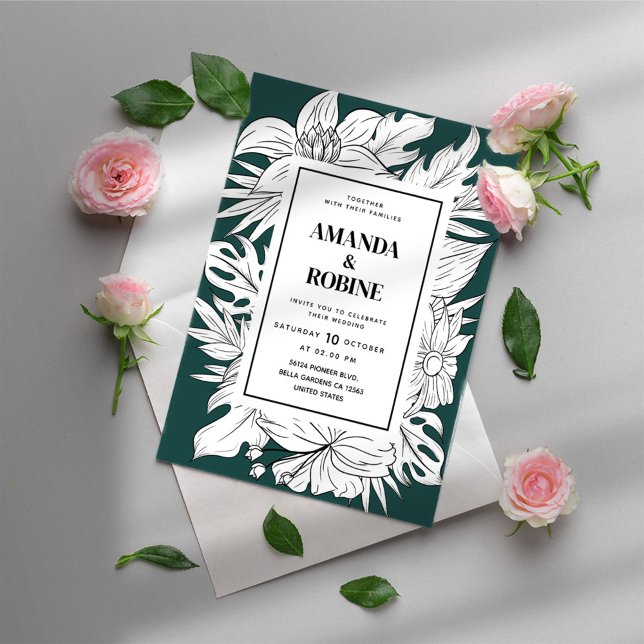 Invitación Boda floral tropical verde y blanco moderno (Subido por el creador)