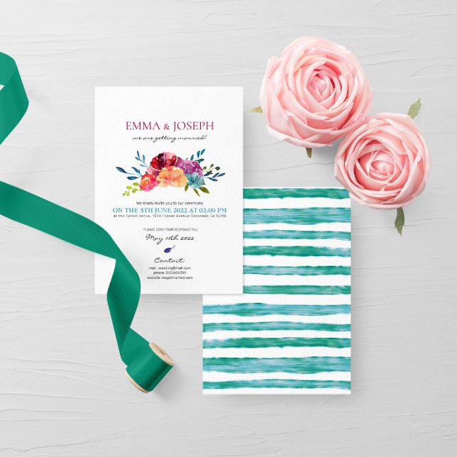 Invitación Boda floral turquesa a rayas de verano brillante (Subido por el creador)