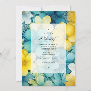Invitación Boda floral turquesa, amarilla y gris