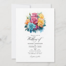 Invitación Boda floral turquesa, amarilla y rosa