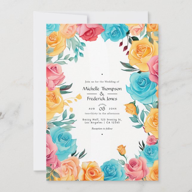 Invitación Boda floral turquesa, amarilla y rosa (Anverso)