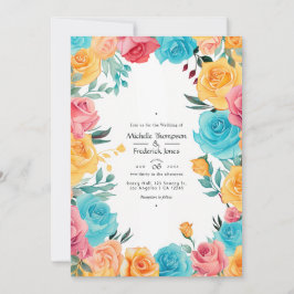 Invitación Boda floral turquesa, amarilla y rosa