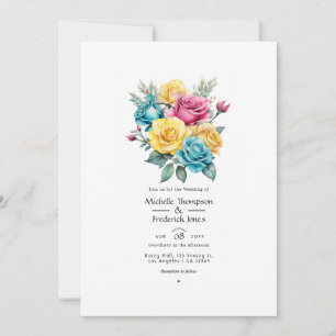 Invitación Boda floral turquesa, amarilla y rosa