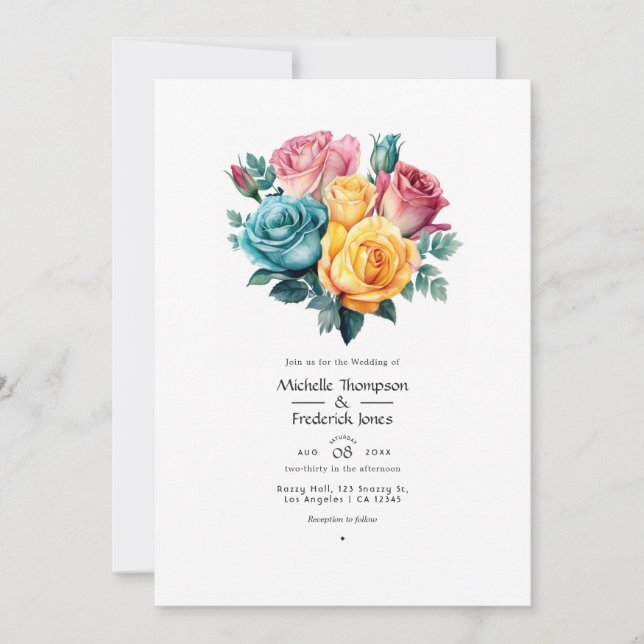Invitación Boda floral turquesa, amarillo y rosa (Anverso)